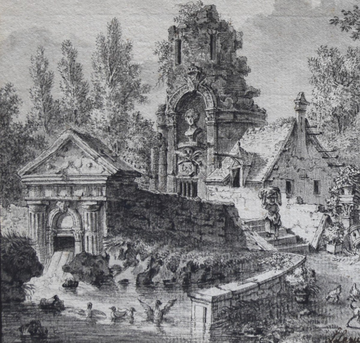 Louis Lesueur (1746-1803)  Paysage Fantastique Avec Ruines Anciennes, 1789,  Dessin Signé Daté -photo-4