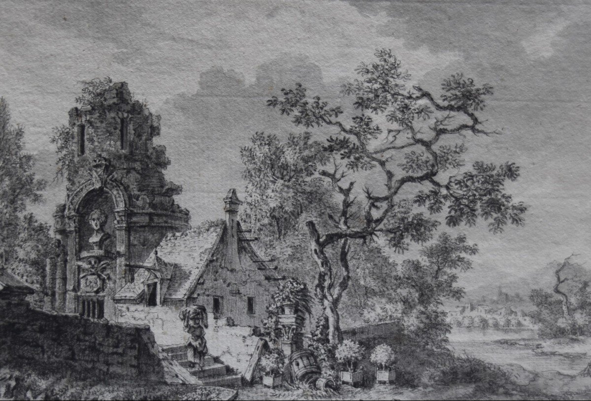 Louis Lesueur (1746-1803)  Paysage Fantastique Avec Ruines Anciennes, 1789,  Dessin Signé Daté -photo-5