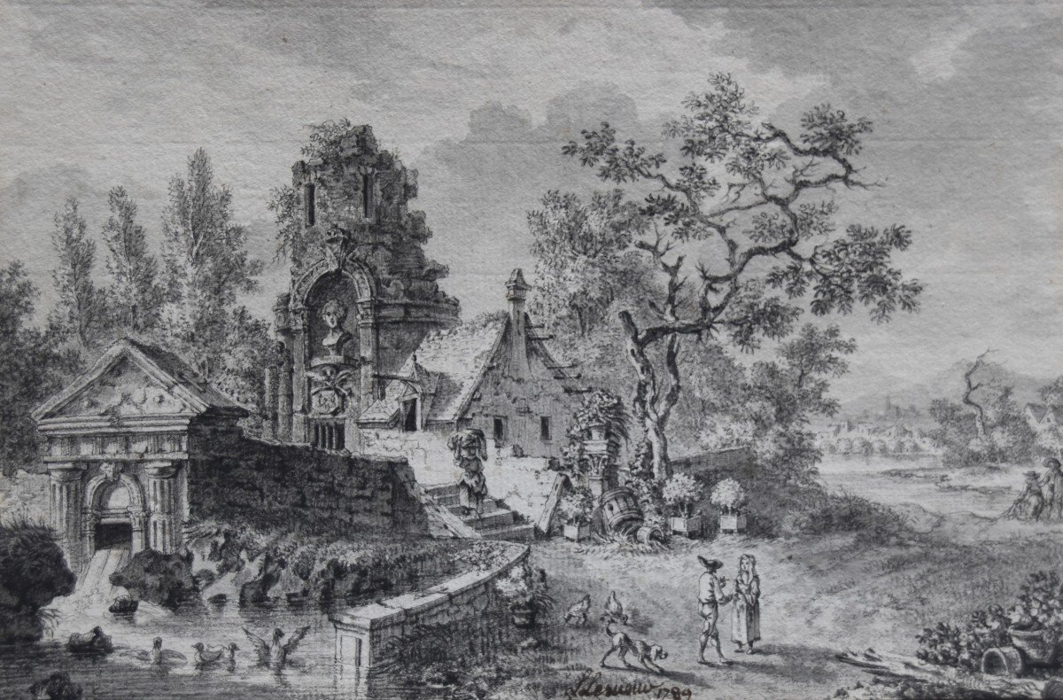 Louis Lesueur (1746-1803)  Paysage Fantastique Avec Ruines Anciennes, 1789,  Dessin Signé Daté 