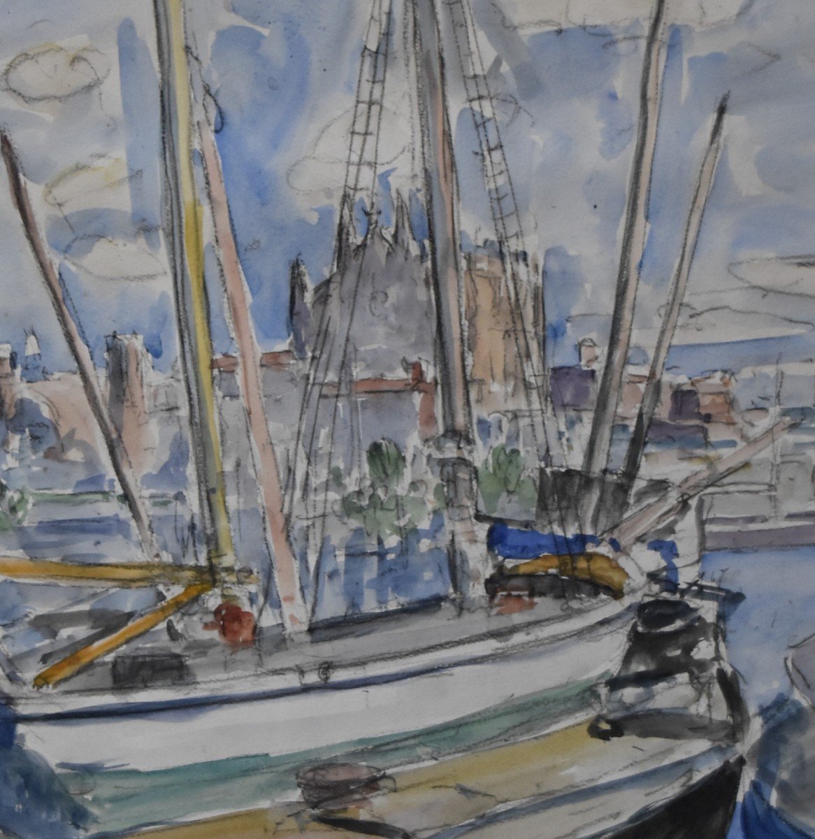 Ecole Française Du XX° Siècle, Voiliers Dans Le Port De La Palma, Aquarelle-photo-3