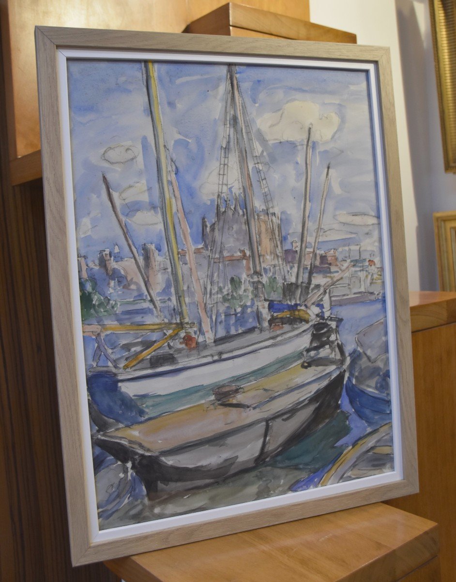 Ecole Française Du XX° Siècle, Voiliers Dans Le Port De La Palma, Aquarelle-photo-1