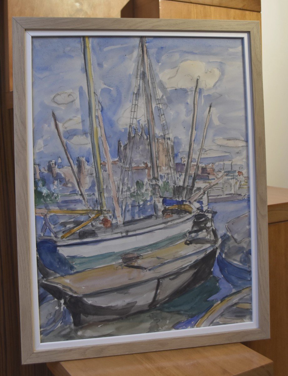 Ecole Française Du XX° Siècle, Voiliers Dans Le Port De La Palma, Aquarelle-photo-3