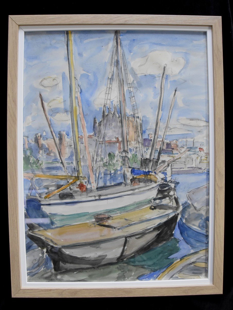 Ecole Française Du XX° Siècle, Voiliers Dans Le Port De La Palma, Aquarelle