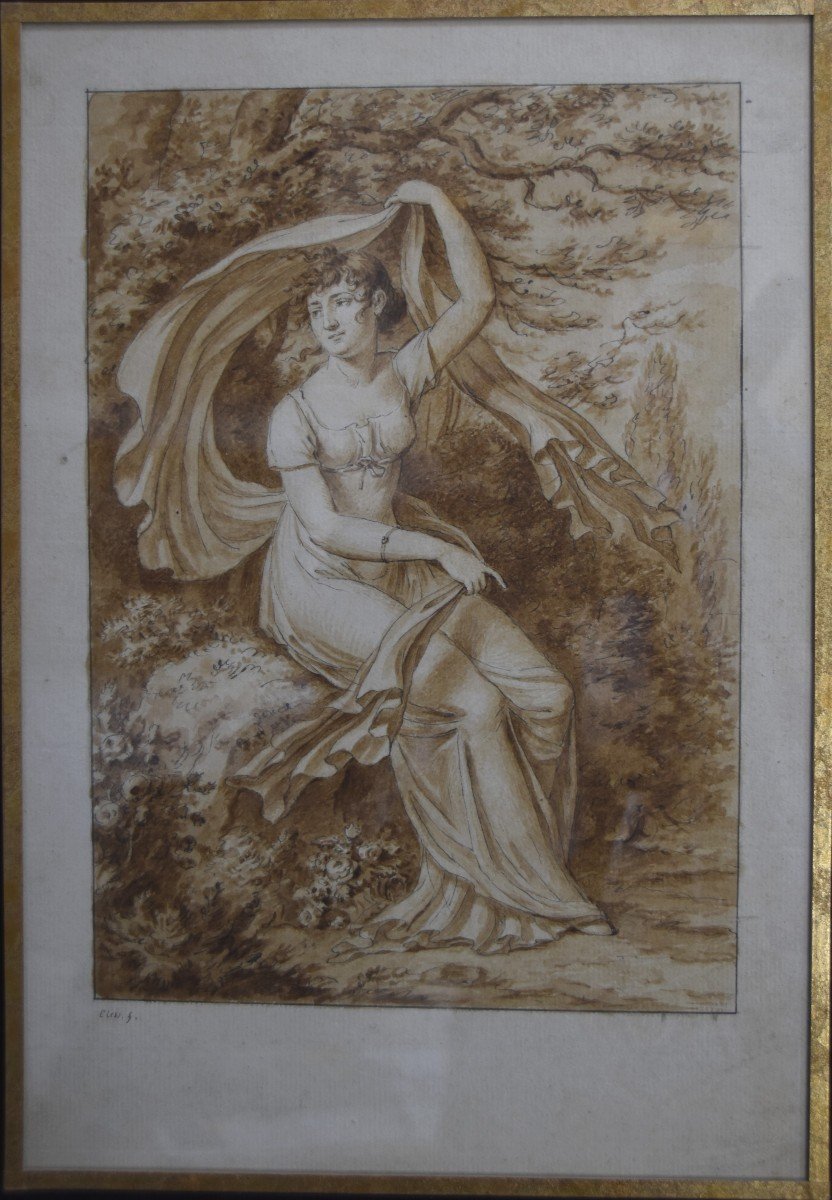 Jean-Henri Cless (1774-1812)  Portrait d'Une Jeune Femme Dans Un Paysage, Dessin Signé-photo-2