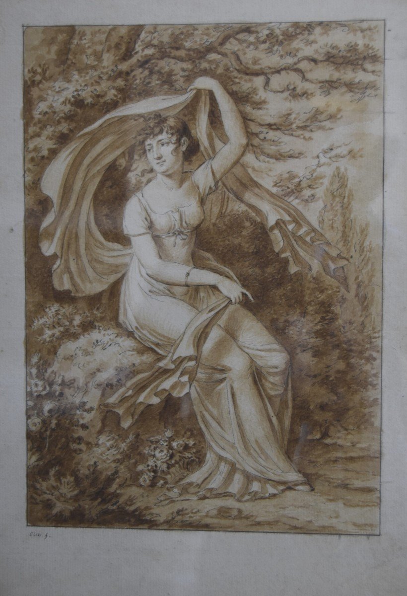 Jean-Henri Cless (1774-1812)  Portrait d'Une Jeune Femme Dans Un Paysage, Dessin Signé-photo-3