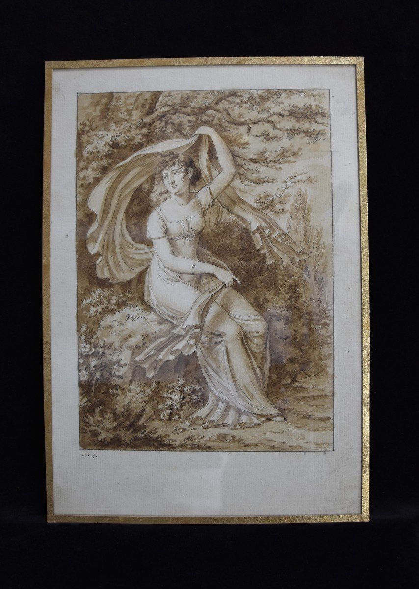 Jean-Henri Cless (1774-1812)  Portrait d'Une Jeune Femme Dans Un Paysage, Dessin Signé-photo-4