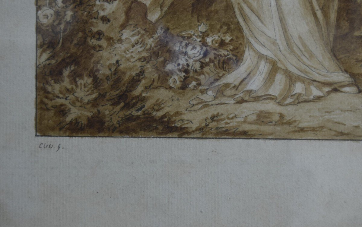 Jean-Henri Cless (1774-1812)  Portrait d'Une Jeune Femme Dans Un Paysage, Dessin Signé-photo-1