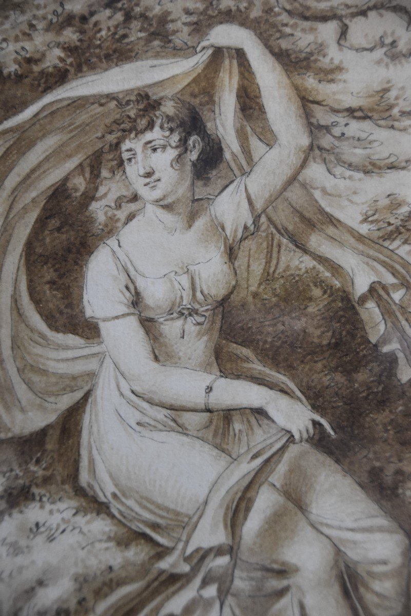 Jean-Henri Cless (1774-1812)  Portrait d'Une Jeune Femme Dans Un Paysage, Dessin Signé-photo-2