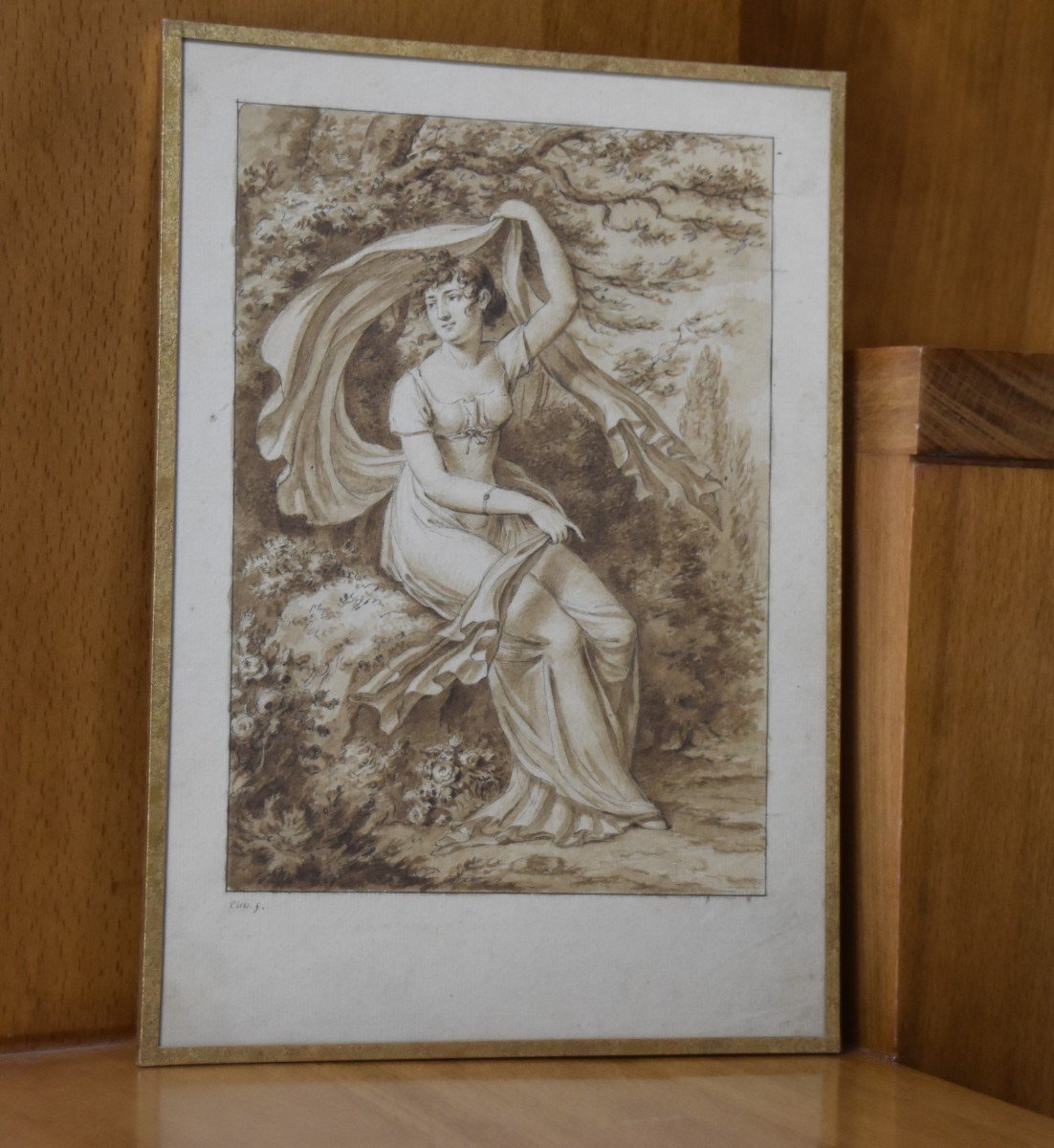 Jean-Henri Cless (1774-1812)  Portrait d'Une Jeune Femme Dans Un Paysage, Dessin Signé-photo-3