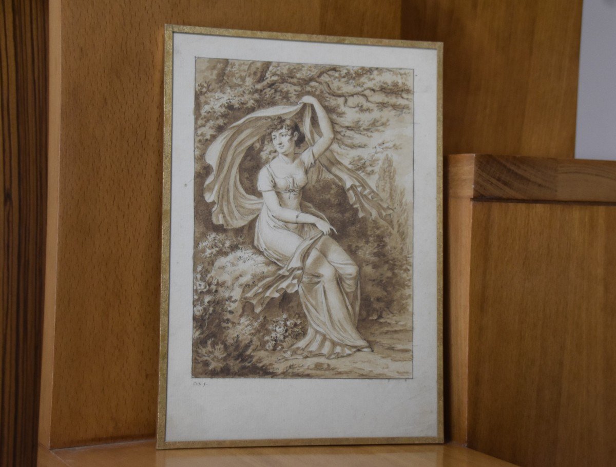 Jean-Henri Cless (1774-1812)  Portrait d'Une Jeune Femme Dans Un Paysage, Dessin Signé-photo-5