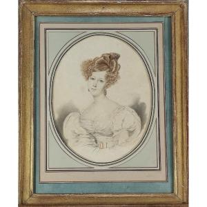 école Française, Vers 1840, Portrait d'Une Dame En Blanc, Aquarelle 