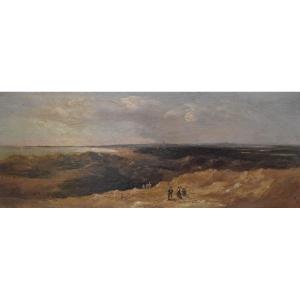 École française, milieu du XIX°e Siècle Paysage de dunes animé,  Huile sur panneau 