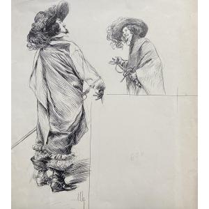 Félicien Myrbach (1853-1940) A Duel Of Refined, Original Signed Drawing