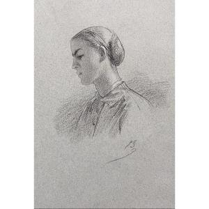 Alexandre Bida (1813-1895) Young Woman In Profile, Signed Drawing