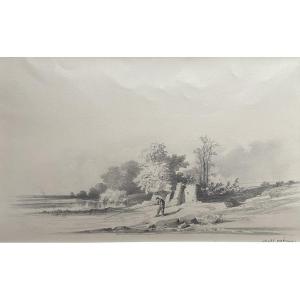 Jules Noël (1810-1881) Landscape With A Fisherman, Signed Drawing
