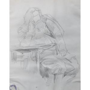 Jean-pierre Laurens (1875-1932) Study Of A Seated Bearded Man, Pencil On Paper