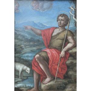 French School From The 17th Century, Saint John The Baptist In A Landscape, Oil On Copper