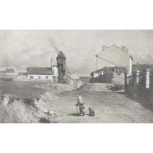 Louis-alphonse David (1798-1849) The Moulin De La Butte Aux Cailles, Paris, Signed Drawing