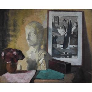 Roger Cortet (1910-1978) Still-life With A White Sculpture, Oil On Canvas Signed