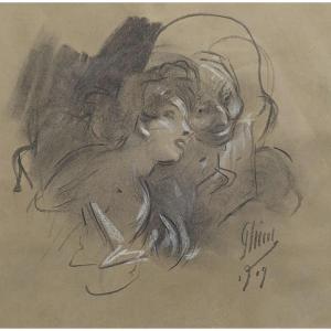 Jules Chéret (1836-1932) La Confidence, 1909, Dessin Signé