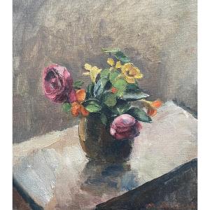 Maurice Asselin (1882-1947)  Bouquet De Roses Et De Capucines , Huile Sur Toile Signée