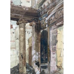 20th Century French School Colonnade In Ruins, Watercolor On Paper