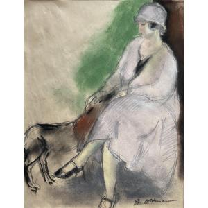 Henry Ottmann (1877-1927) Elegant Woman With Dog 1925, Signed Pastel
