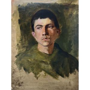 French School, 20th Century, Portrait Of A Young Man In Green, Oil On Panel