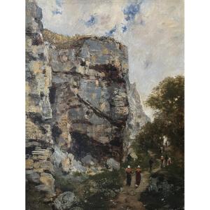 Charles Montlevault (1835-1897) Promeneurs le long d'une falaise, Huile sur toile signée