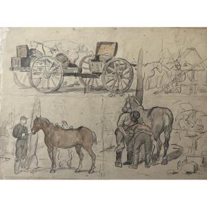 Auguste Gardanne (1840-1890)  Carrosses et chevaux, Guerre de 1870, aquarelle double face