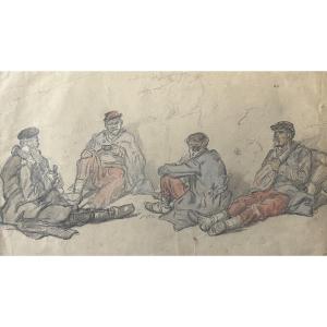 Auguste Gardanne (1840-1890)  Soldats au repos, Guerre de 1870, aquarelle