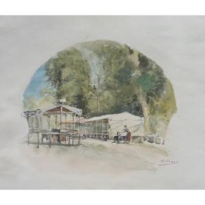 Charles Jouas (1866-1942) L'installation des tentes, aquarelle signée