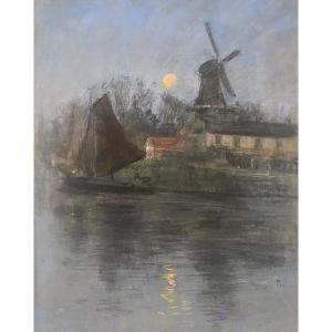 Siebe Johannes Ten Cate (1858-1908) Windmill And Sailboat In The Moonlight, Pastel Signed
