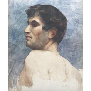 École française du XXe siècle, Buste d'homme vu de dos, aquarelle signée