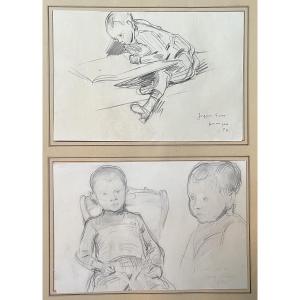 Paul Victor Mathey (1844-1929) Portraits de son fils Jacques, deux dessins signés