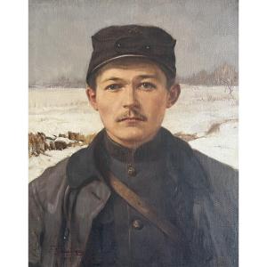Fernand Gaudfroy (1885-1964) Portrait d'un soldat en hiver, 1919, huile sur toile, signée