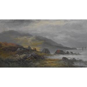 French School 19th Century, Misty Coastal Landscape, Oil On Paper,