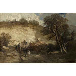 Ecole française vers 1850, Paysage aux promeneurs à Fontainebleau, Huile sur toile