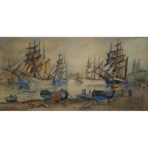 Frank Will (1900-1950)  Harbor At The Three Masts, Fecamp, Watercolor