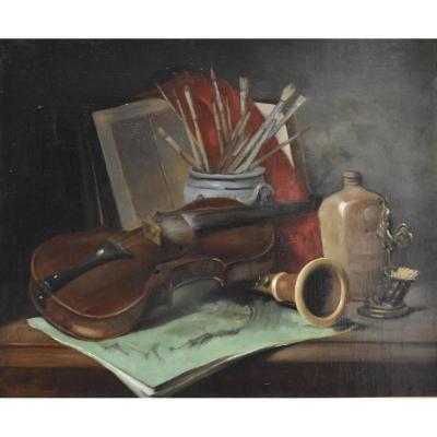 Edouard Detaille (1848-1912) Nature Morte Aux Instruments De Musique, Huile Sur Toile