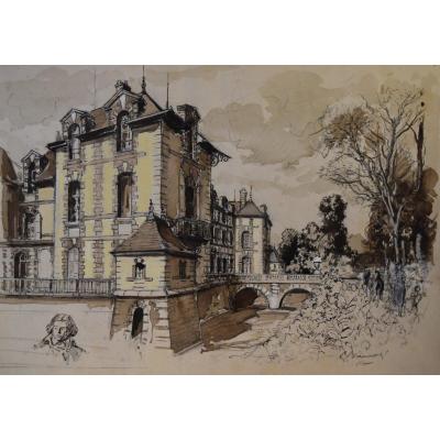 Ecole Française Début Du XX° Siècle, Vue du château de Grosbois et étude de portrait,  Aquarelle