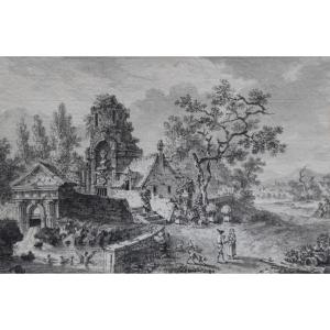 Louis Lesueur (1746-1803)  Paysage Fantastique Avec Ruines Anciennes, 1789,  Dessin Signé Daté 