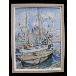 Ecole Française Du XX° Siècle, Voiliers Dans Le Port De La Palma, Aquarelle