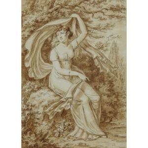 Jean-Henri Cless (1774-1812)  Portrait d'Une Jeune Femme Dans Un Paysage, Dessin Signé