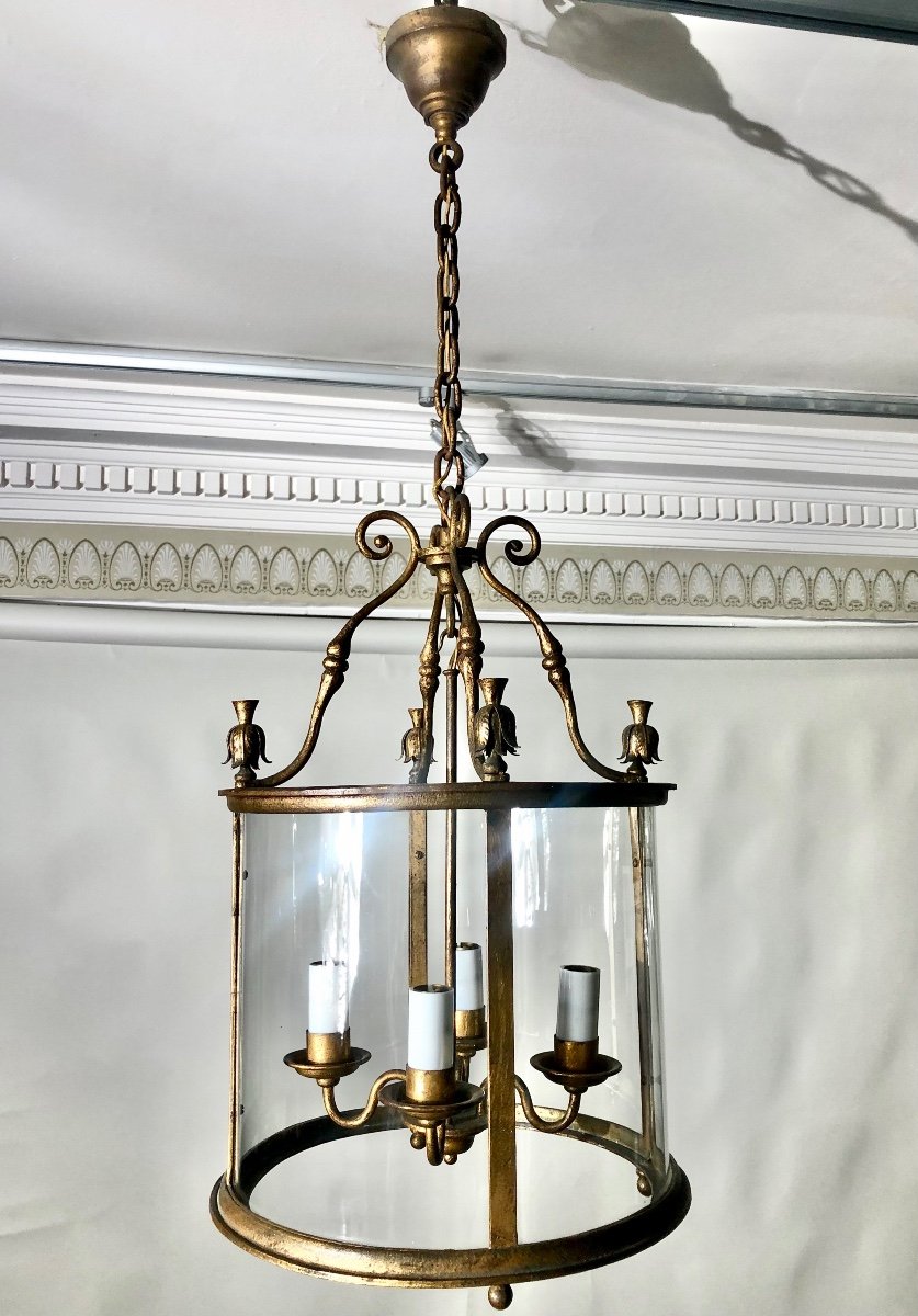 Gilded Iron Lantern In The Style Of Gilbert Poillerat.