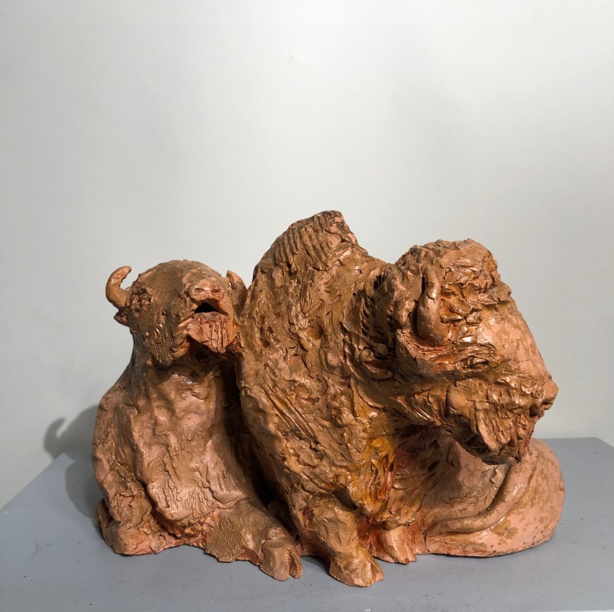 Group Of Bison In Raw Earth Signed Prunet Claude