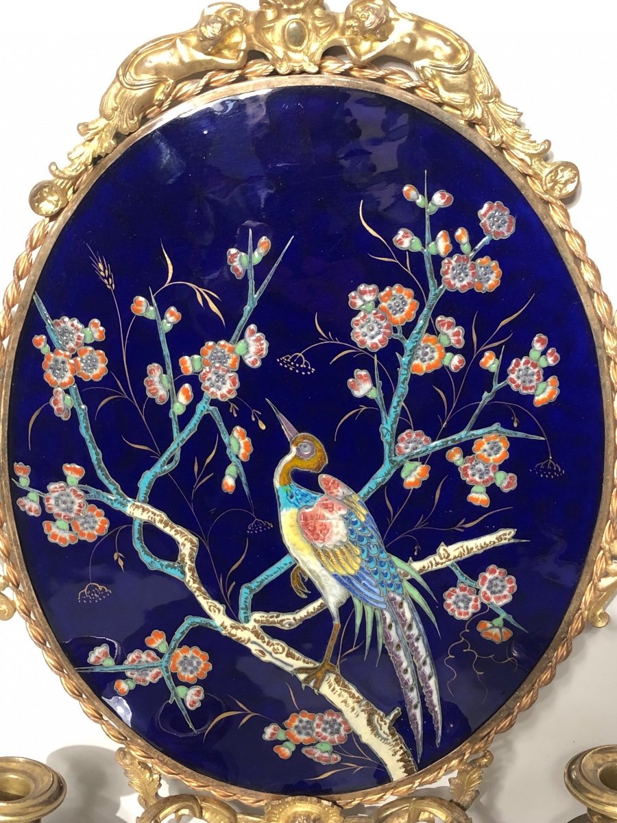 Paire D’appliques De La Fin Du XIX ème Siècle En Bronze Doré Et Porcelaine.  54 cm de hauteur. -photo-3