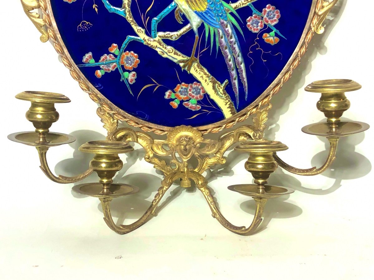 Paire D’appliques De La Fin Du XIX ème Siècle En Bronze Doré Et Porcelaine.  54 cm de hauteur. -photo-8