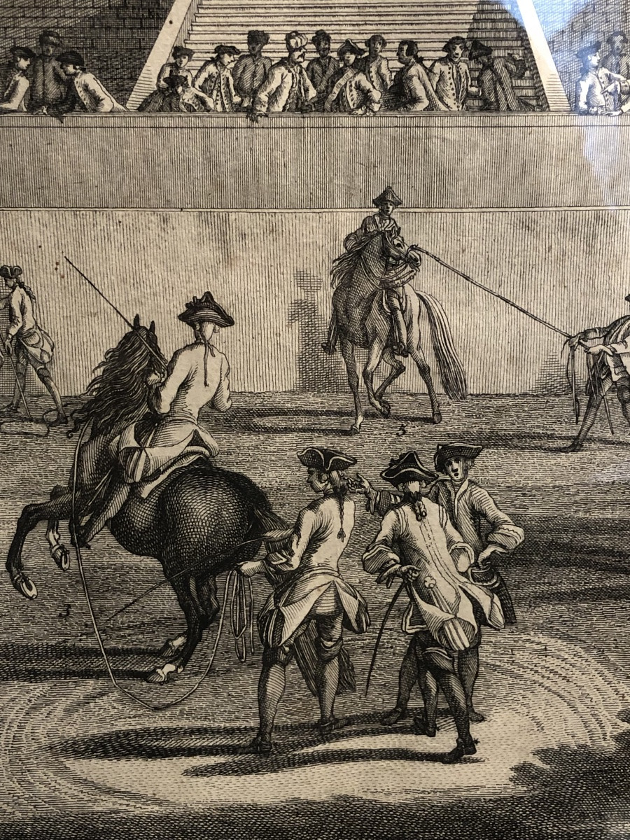 Gravure d’époque XVIII ème siècle sur le dressage des chevaux. -photo-3
