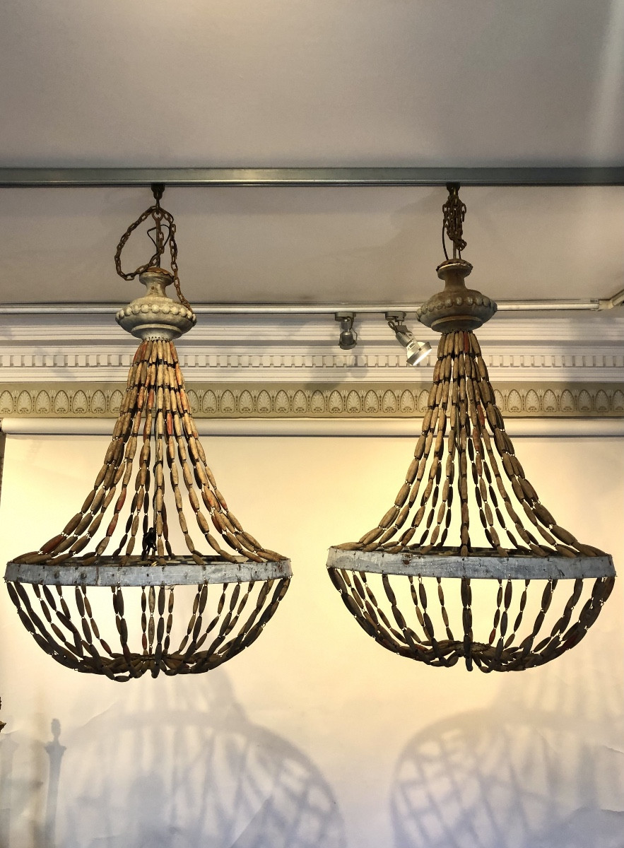 Paire de lustre montgolfière XX ème siècle. 1,06 mètres de hauteur. -photo-2